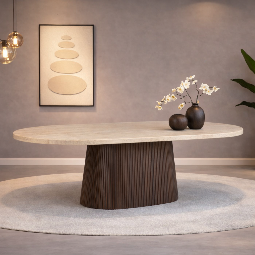 Eettafel Osaka 200 cm Bruin – Ovaal – Travertin Natuursteen
