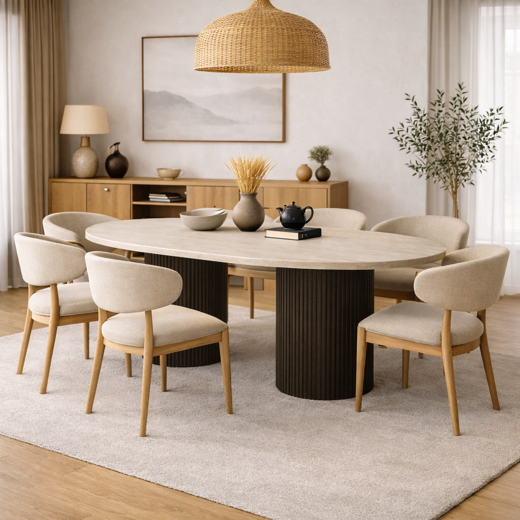 Eettafel Mori 200 cm – Japandi – Travertin Natuursteen – Bruin