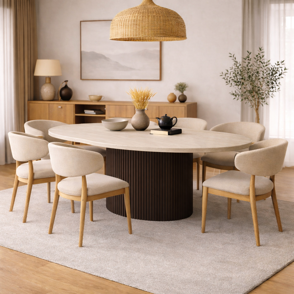 Eettafel Mori Ø130 cm – Japandi – Travertin Natuursteen – Bruin