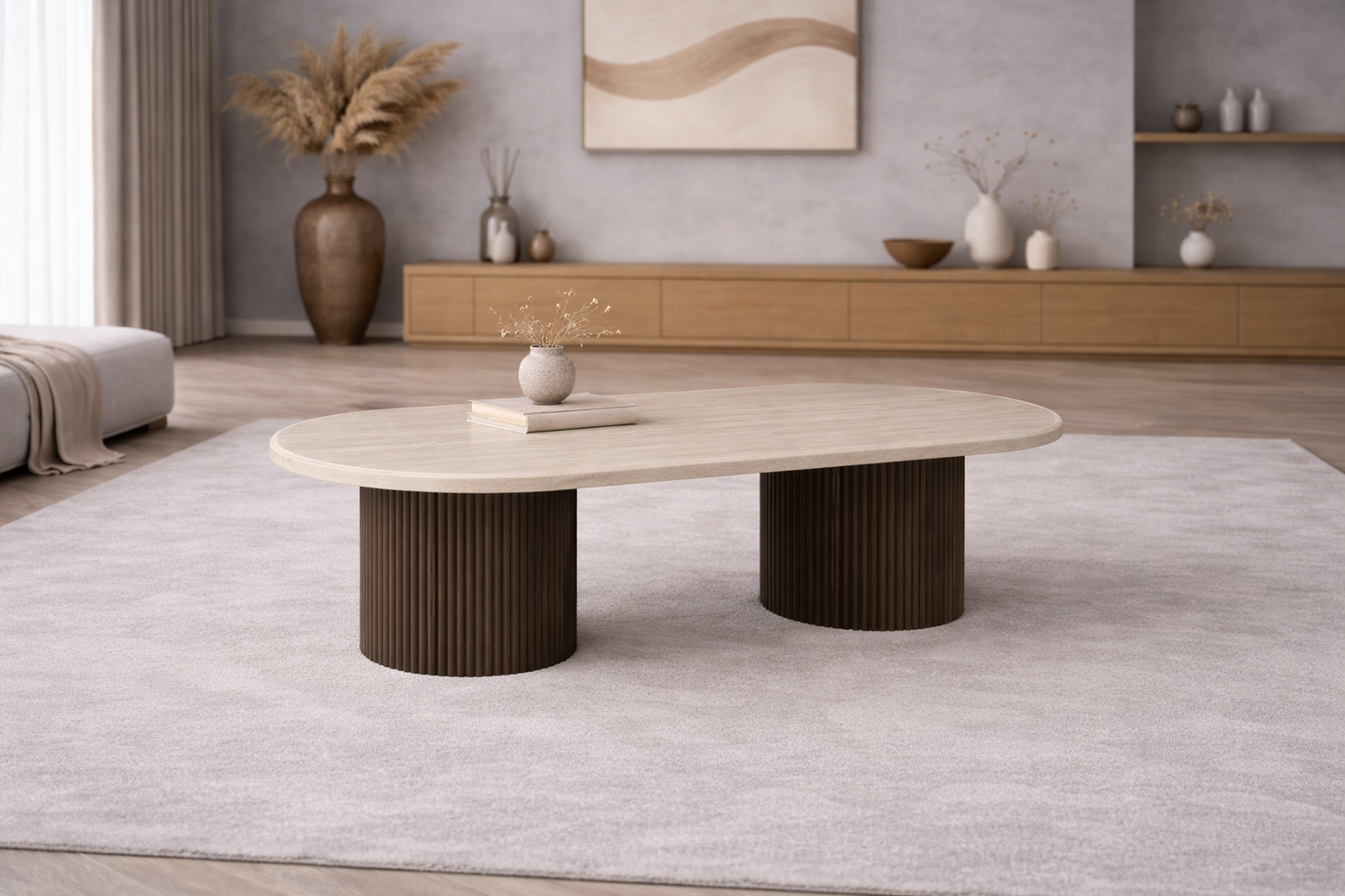 Salontafel Mori 130 cm – Japandi – Travertin Natuursteen – Bruin