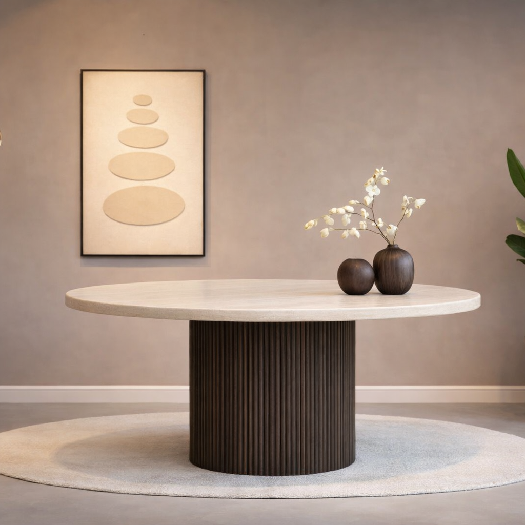Eettafel Mori Ø130 cm – Japandi – Travertin – Bruin
