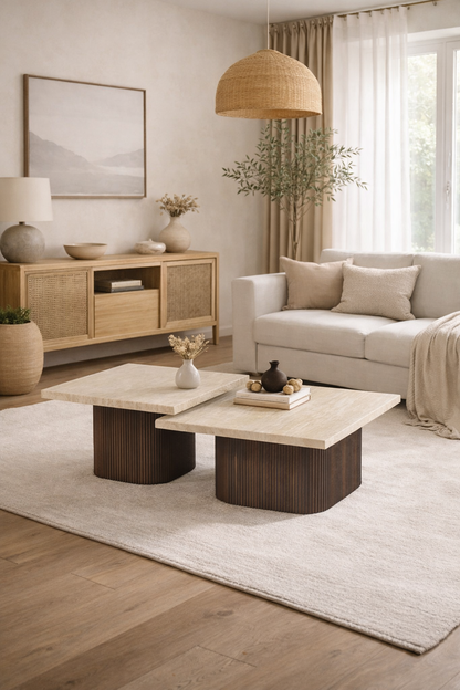 Salontafel Noa 90 cm – Japandi Travertin Natuursteen - Bruin