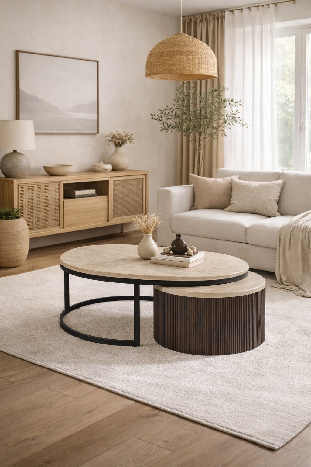 Salontafel Akari Ø90cm – Japandi – Travertin Natuursteen – Bruin