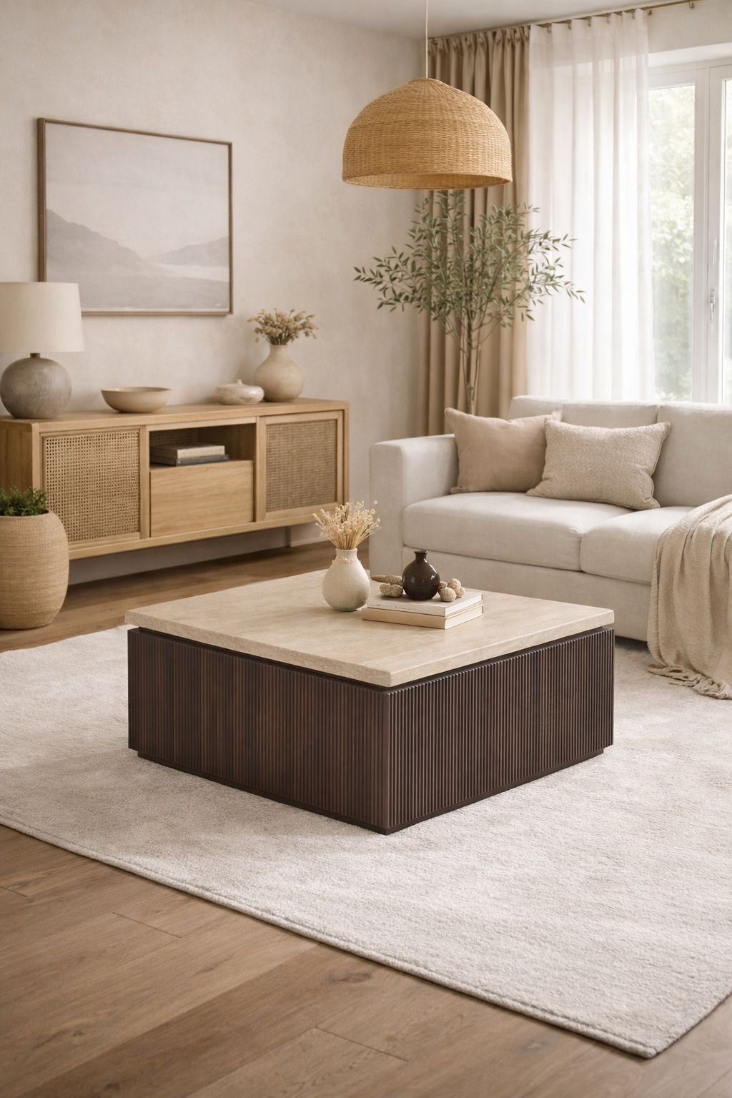 Salontafel Sora 90 cm – Japandi Travertin Natuursteen - Bruin