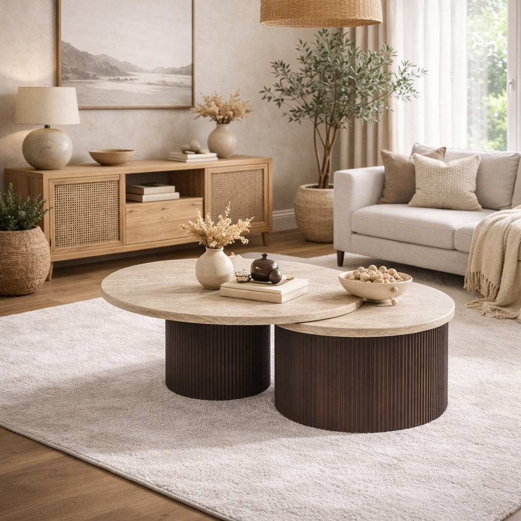 Salontafel Mori Ø80cm – Japandi – Travertin Natuursteen – Bruin