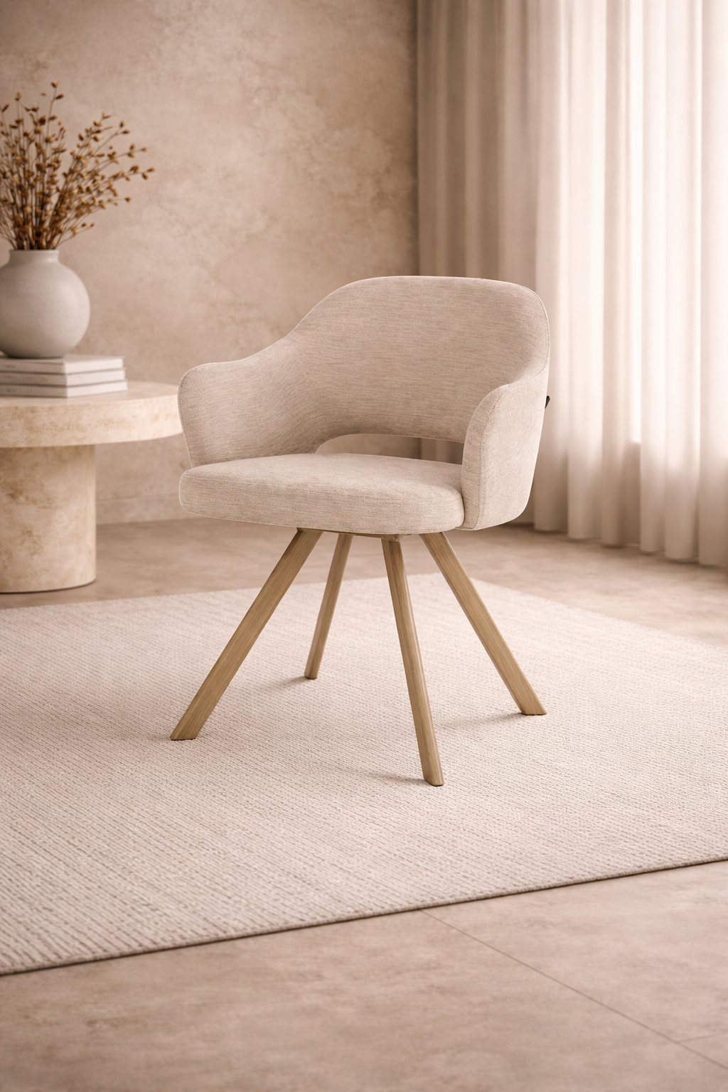 Eetkamerstoel Nori – Japandi – Licht Grijs Stof – Beige Onderstel