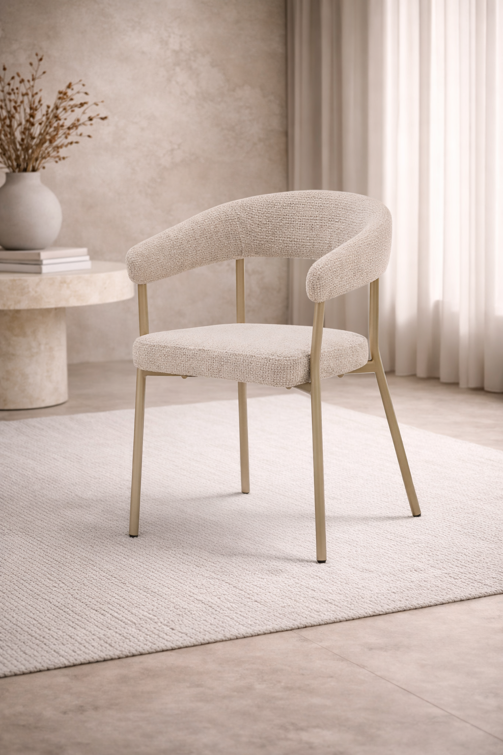 Eetkamerstoel Niko – Japandi Design – Crème Stof – Beige Onderstel