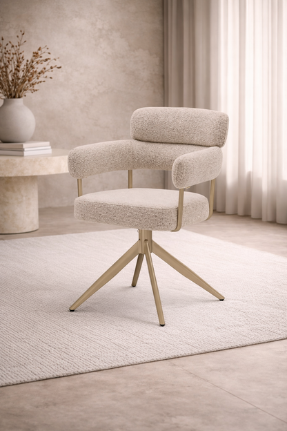 Eetkamerstoel Yuki – Japandi – Crème Stof – Beige Onderstel Draaibaar