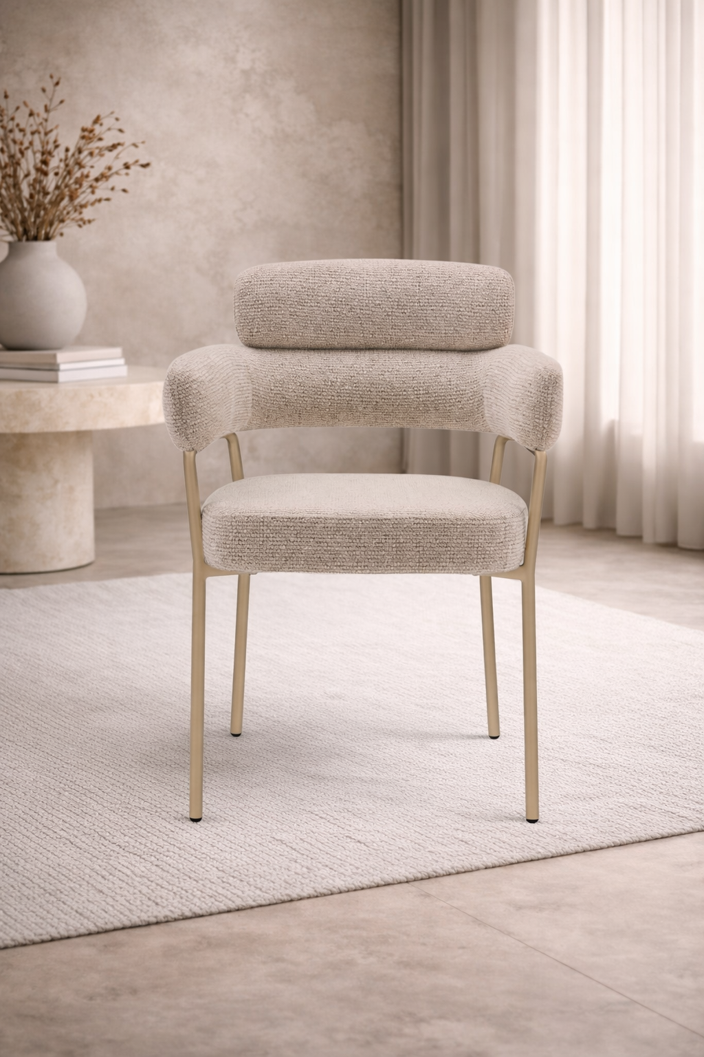 Eetkamerstoel Yuki – Japandi Design – Crème Stof – Beige Onderstel
