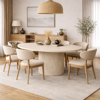 Eettafel Mori Ø130 cm– Japandi – Travertin Natuursteen