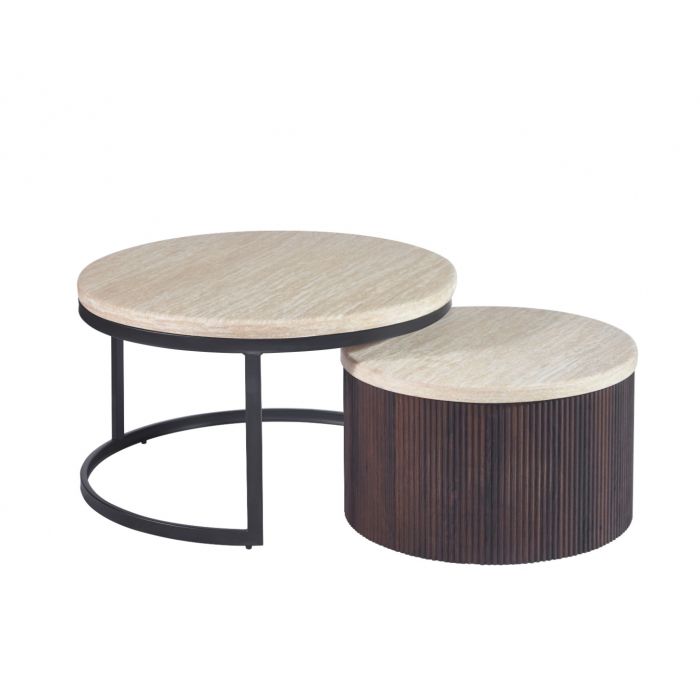 Salontafel Akari Ø90cm – Japandi – Travertin Natuursteen – Bruin