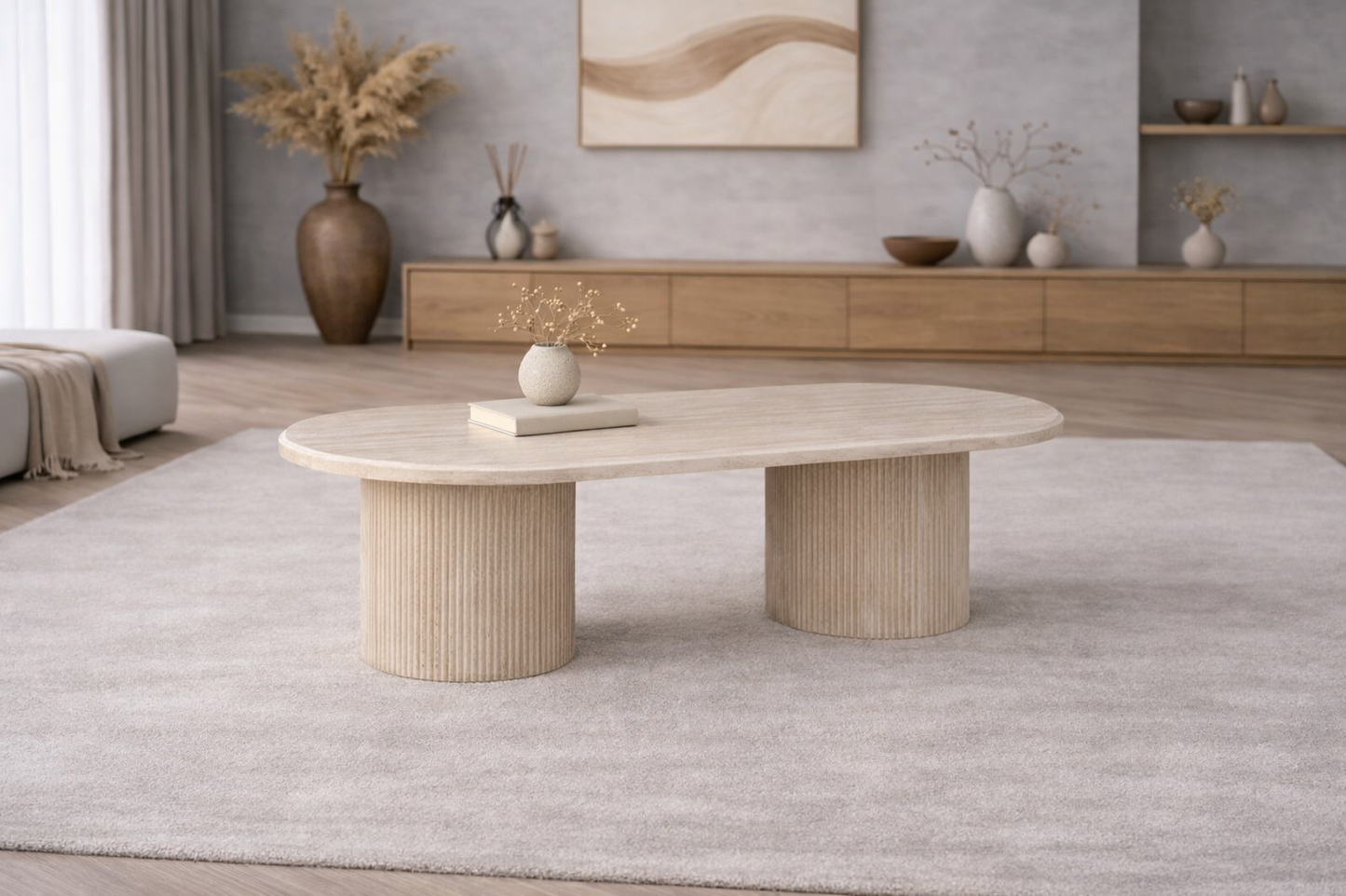 Salontafel Mori 130 cm – Japandi – Travertin Natuursteen