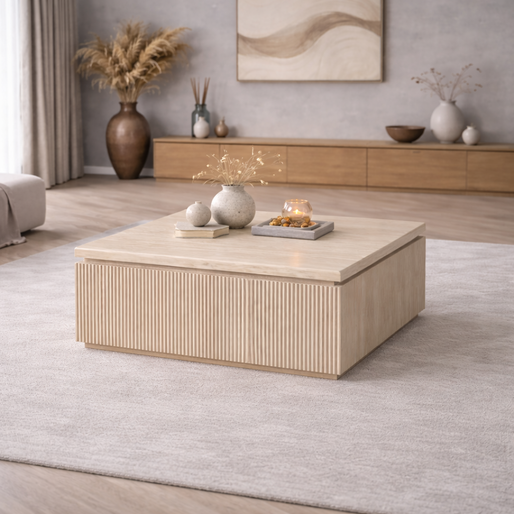 Salontafel Sora 90 cm  –  Japandi Travertin Natuursteen