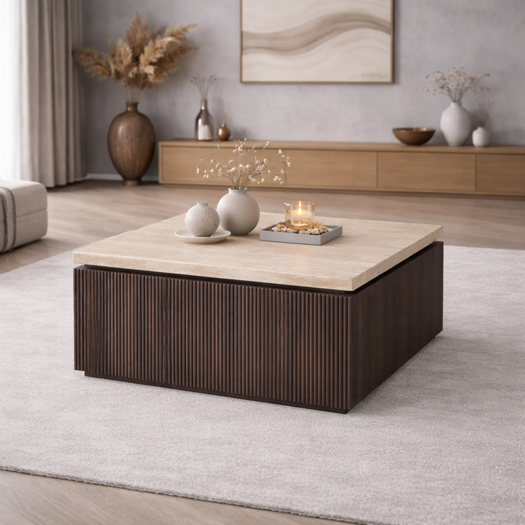 Salontafel Sora 90 cm – Japandi Travertin Natuursteen - Bruin