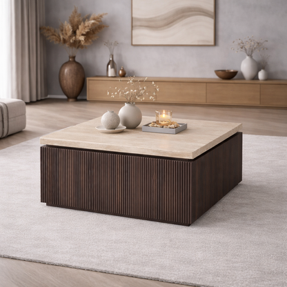 Salontafel Sora 90 cm – Japandi Travertin Natuursteen - Bruin