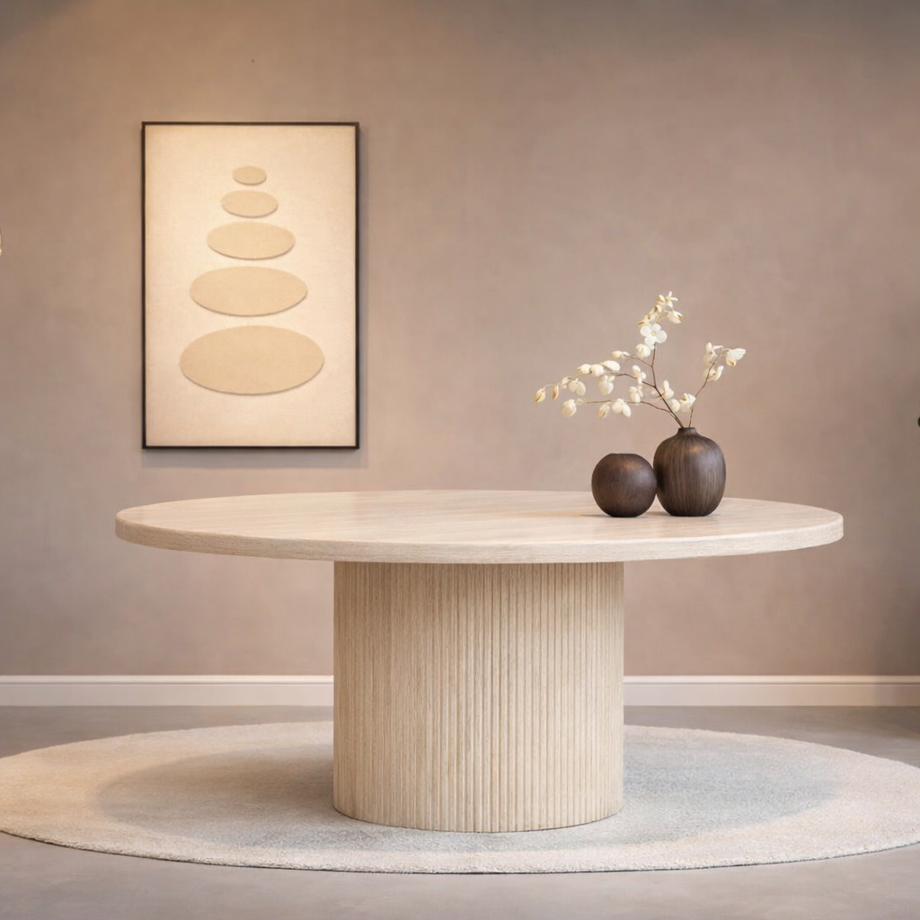 Eettafel Mori Ø130 cm– Japandi – Travertin 