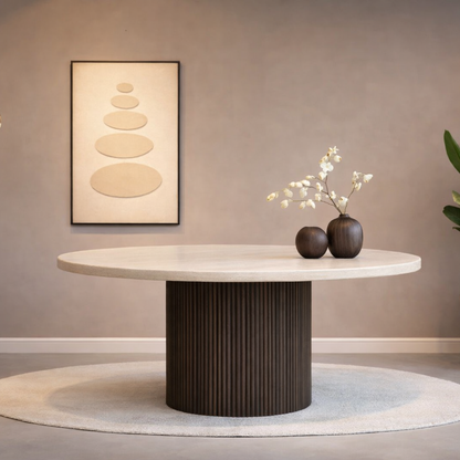Eettafel Mori Ø130 cm – Japandi – Travertin – Bruin