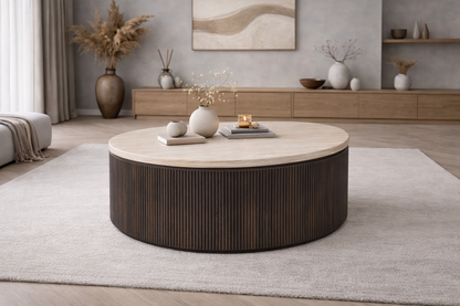 Salontafel Noa Ø100cm – Japandi Travertin Natuursteen - Bruin
