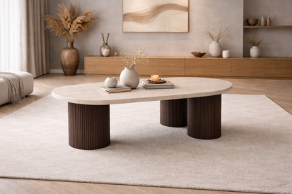 Salontafel Noa 140cm – Japandi Travertin Natuursteen - Bruin