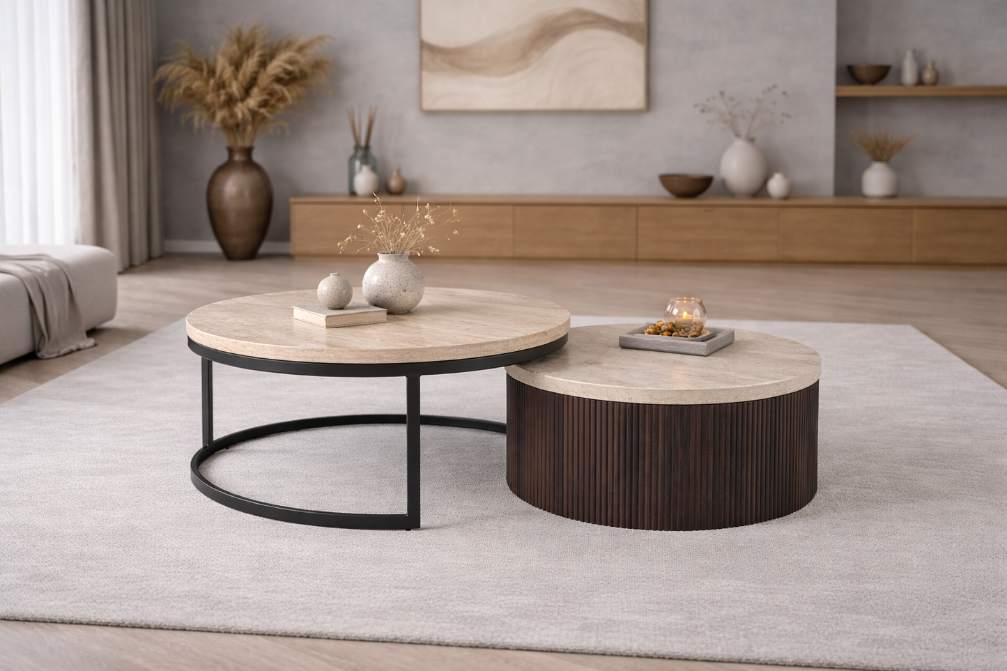 Salontafel Akari Ø90cm – Japandi – Travertin – Bruin