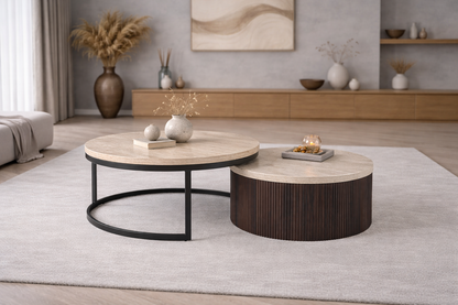 Salontafel Akari Ø90cm – Japandi – Travertin – Bruin