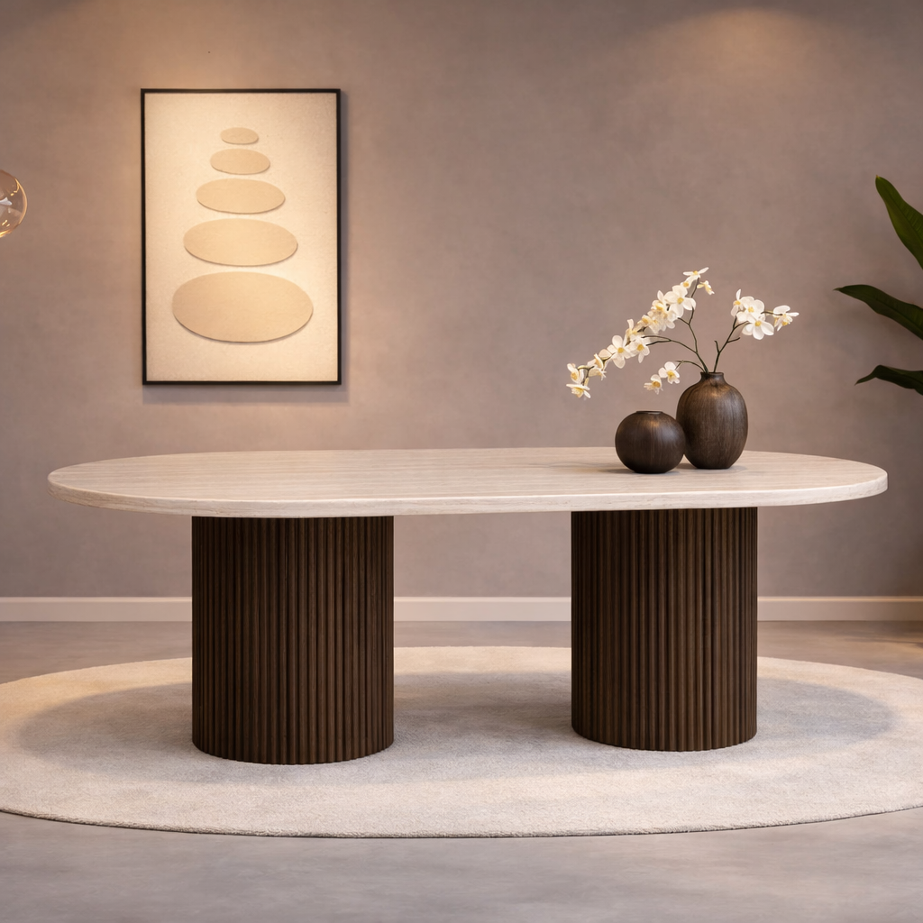 Eettafel Mori 200 cm – Japandi – Travertin Natuursteen – Bruin